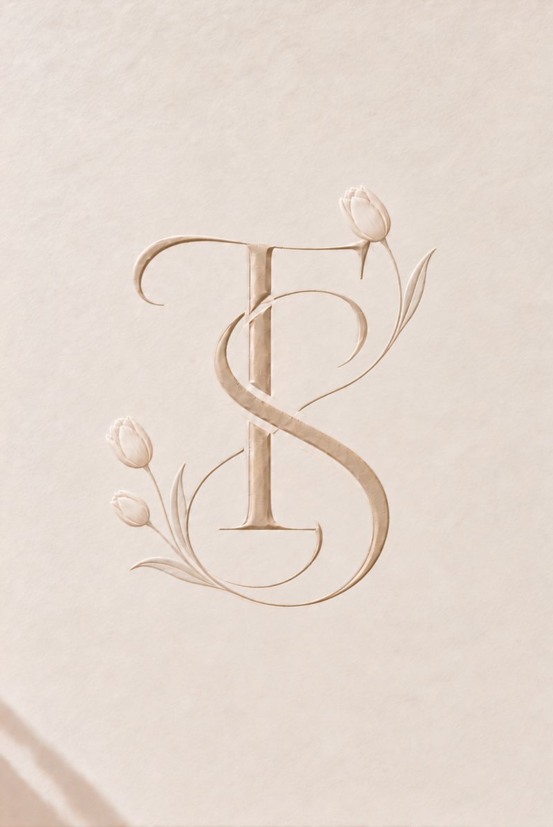 Talya and Sahar's embossed TS monogram with tulips
